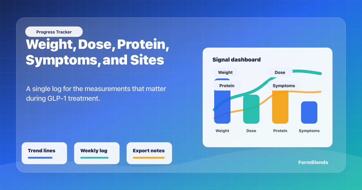 GLP-1 progress tracker dashboard GLP-1 progress tracker dashboard showing weight, dose, protein, symptoms, injection sites, and trend lines