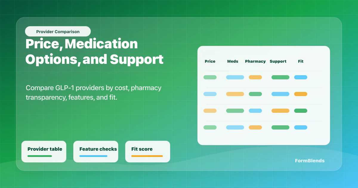 GLP-1 provider comparison table GLP-1 provider comparison table with price, medication options, pharmacy transparency, support, and fit score columns